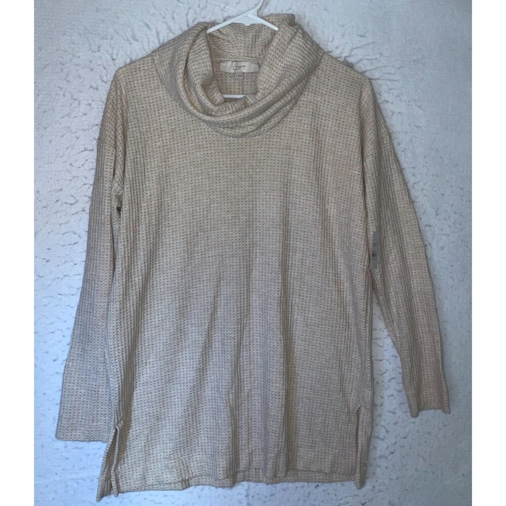 Ann Taylor LOFT cream Gold waffle cowl neck shirt size S Long Sleeve oversized